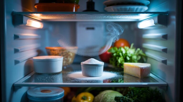 Illustration of a shallow dish of baking soda inside a refrigerator to neutralise odours in 30 seconds