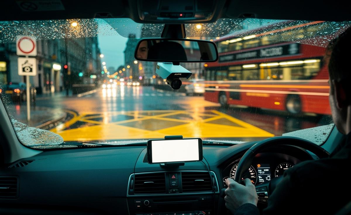 Illustration of new UK December traffic laws affecting daily commutes, including council enforcement cameras, 20 mph zones, Clean Air Zone rules and stricter phone-use penalties