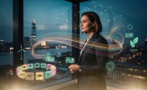 Illustration of future-proof finance in 2024: real-time payments, responsible AI, embedded finance, tokenisation, and climate-grade data