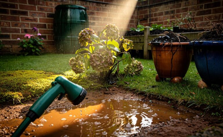 Illustration of an overwatered garden with soggy soil, wilted plants, mossy lawn patches, and a running hose, showing poor drainage.