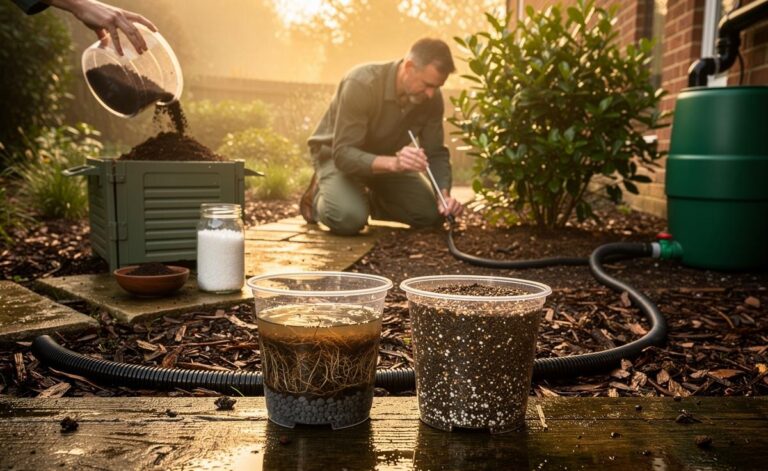 Illustration of experts debunking 2026 UK gardening myths, highlighting no gravel in pots, deep rather than daily watering, and avoiding miracle amendments