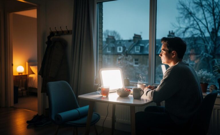 Illustration of a person using a light therapy box on a winter morning, then taking a daylight walk, with icons for sleep, movement, CBT, and social connection to prevent seasonal depression.