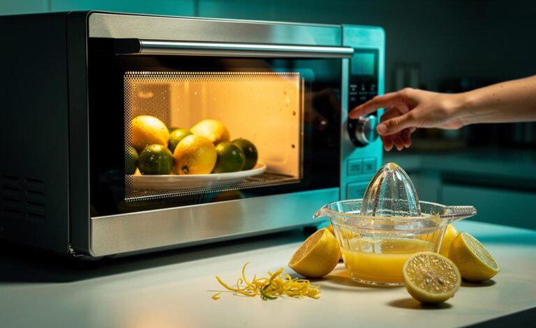 Illustration of microwaving whole citrus fruit for 10–30 seconds to increase juice yield.