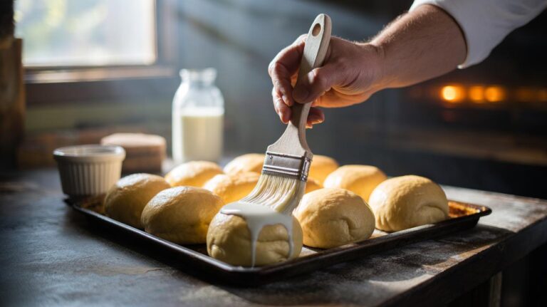 Illustration of a pastry brush applying a milk wash to unbaked buns for an even golden sheen