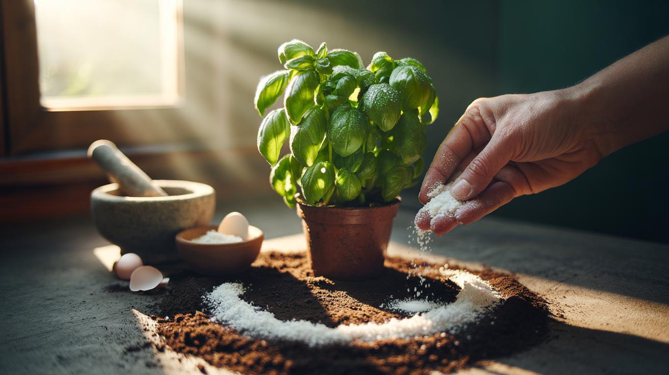 Illustration of basil plants with eggshell powder worked into the soil to increase calcium availability for rapid growth