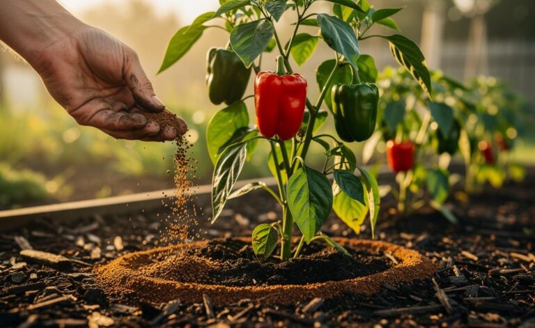 Illustration of used coffee grounds being applied as a top dressing around pepper plants to fuel week-by-week growth