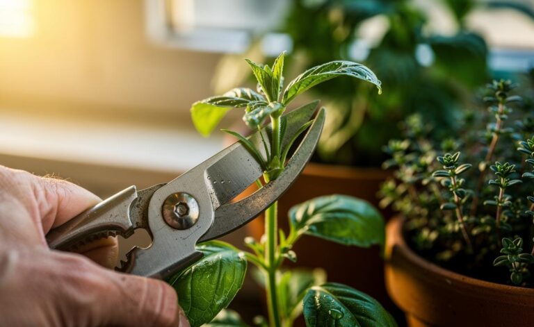Illustration of pruning shears snipping basil and mint stems above leaf nodes to encourage bushier herb growth