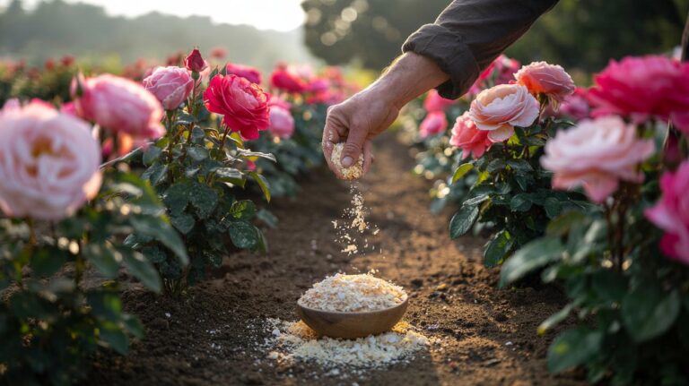 Illustration of powdered eggshells being applied to the root zone of rose bushes to supply calcium for larger blooms