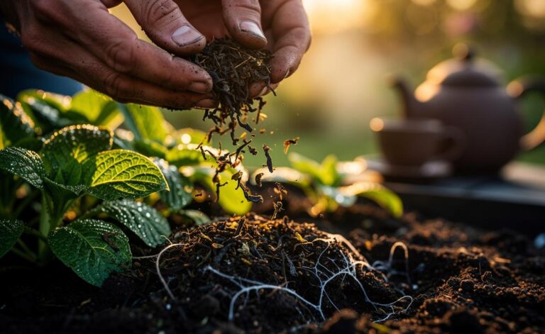 Illustration of used tea leaves being turned into compost and light mulch to fuel soil microbes and deliver slow-release nutrients for greener, healthier plant leaves
