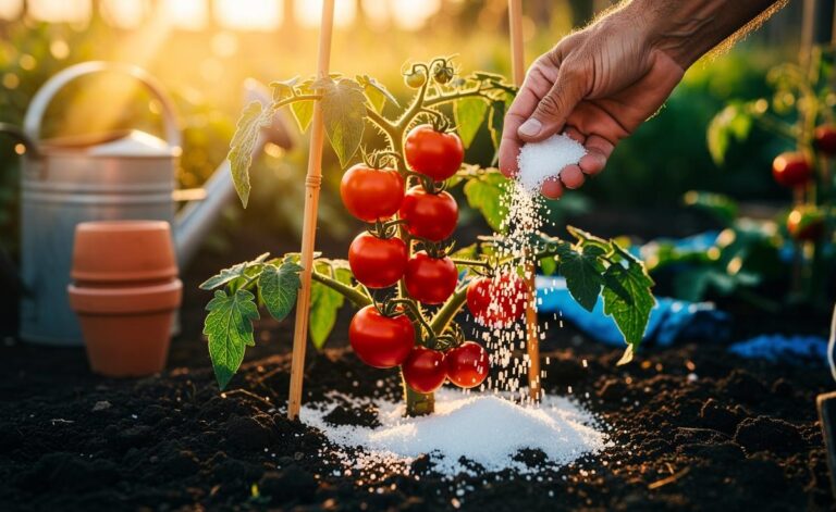 Illustration of a gardener applying Epsom salt (magnesium sulfate) to tomato plants to address magnesium deficiency and enhance crop yield