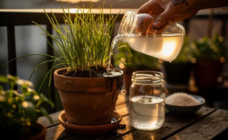 Illustration of leftover unsalted rice cooking water being diluted and poured onto potted chives to boost rapid, healthy growth