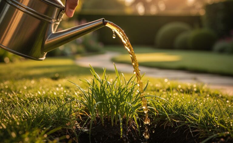 Illustration of a gardener applying diluted beer to a lawn to stimulate soil microbes with yeast and sugars and enhance grass growth through soil absorption
