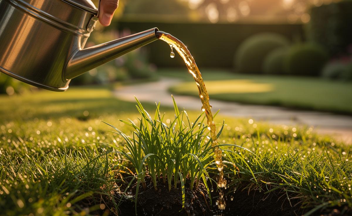 Illustration of a gardener applying diluted beer to a lawn to stimulate soil microbes with yeast and sugars and enhance grass growth through soil absorption