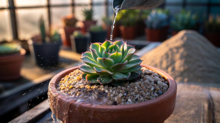 Illustration of succulents planted in a coarse, sharp sand and grit mix to improve drainage and root health