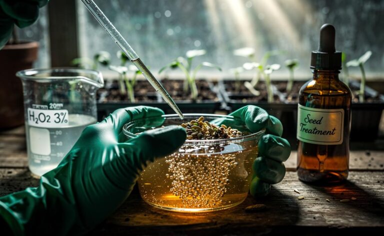 Illustration of seeds being pre-soaked in diluted hydrogen peroxide to speed germination
