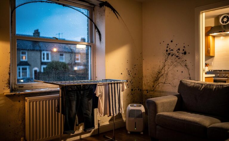 Illustration of hidden causes of house mould in a UK home in 2026, including condensation on windows, thermal bridges and poor ventilation