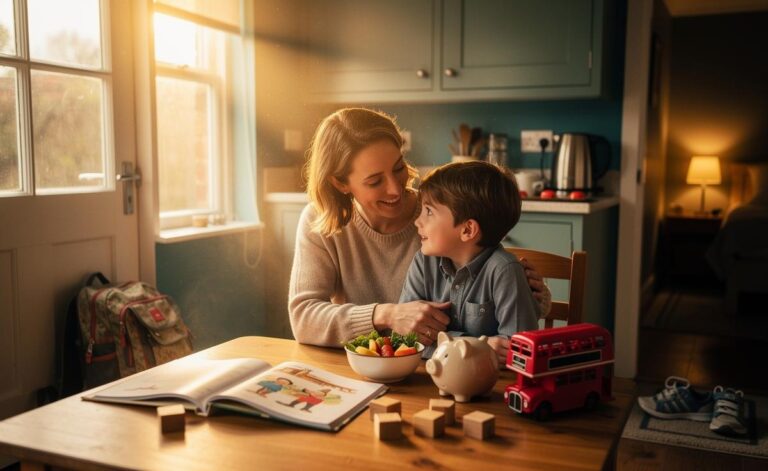 Illustration of a parent and child engaged in everyday actions—conversation, reading, routines, play, and budgeting—that shape the child's future