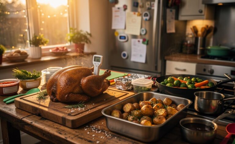 Illustration of a home cook preparing a holiday meal with roast turkey, crisp roast potatoes, make-ahead sides, a written timetable on the fridge, and an instant-read thermometer for a stress-free meal
