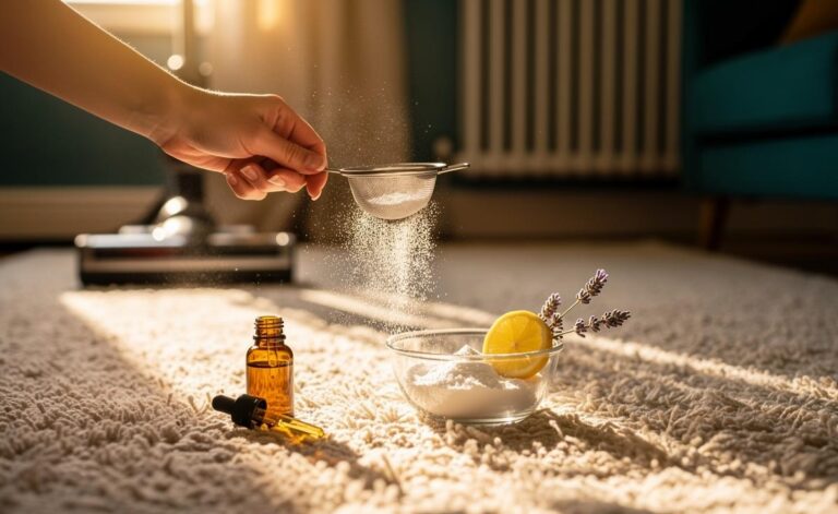 Illustration of freshening a carpet quickly by sprinkling a baking soda and essential oil mixture before vacuuming