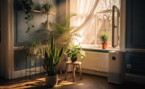 Illustration of indoor plants strategically placed in a UK home to improve air freshness alongside simple ventilation