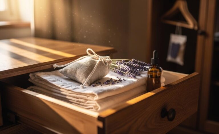 Illustration of simple DIY lavender sachets filled with dried buds and essential oil, placed in drawers and wardrobes to infuse the home with freshness