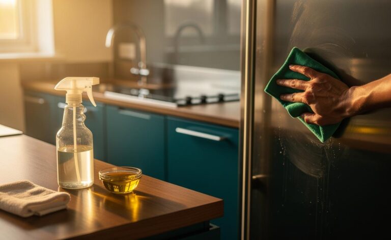 Illustration of cleaning and polishing kitchen surfaces with white vinegar and olive oil