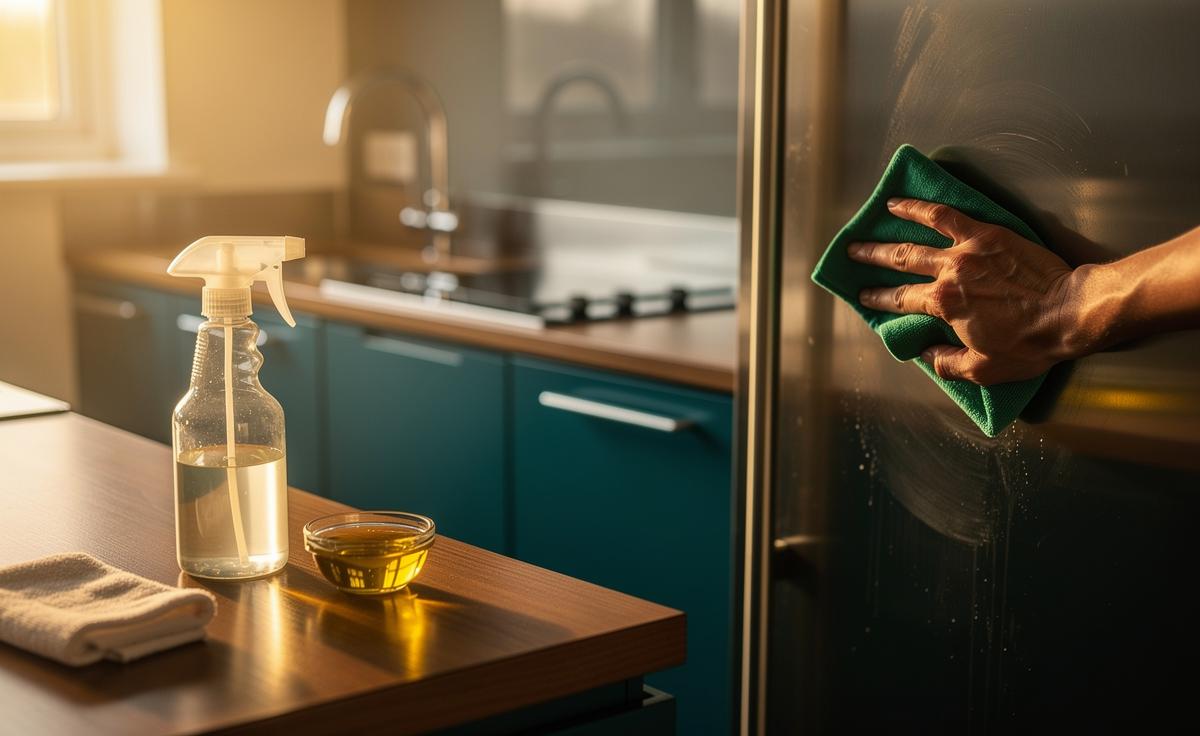 Illustration of cleaning and polishing kitchen surfaces with white vinegar and olive oil