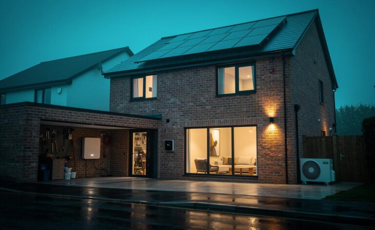 Illustration of a UK home in 2026 optimized for energy savings with smart controls, upgraded insulation, an air-source heat pump, rooftop solar panels, and a smart meter display