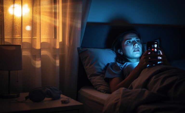 Illustration of a person in bed at night, face lit by a smartphone, representing blue light and notifications disrupting sleep
