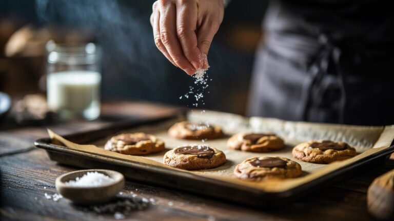 Illustration of a baker's hand sprinkling flaky sea salt over warm chocolate chip cookies on a baking tray