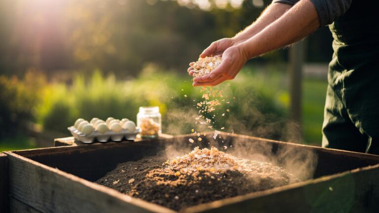 Illustration of crushed eggshells being sprinkled into a compost bin to provide calcium and boost decomposition