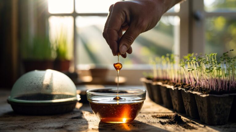 Illustration of seeds being soaked and coated with diluted honey to improve germination and reduce damping-off
