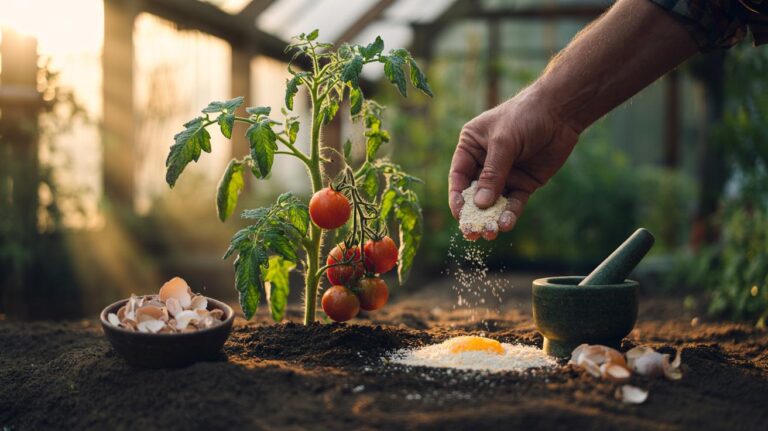 Illustration of finely ground eggshells being applied to soil around tomato plants to supply calcium and prevent blossom end rot