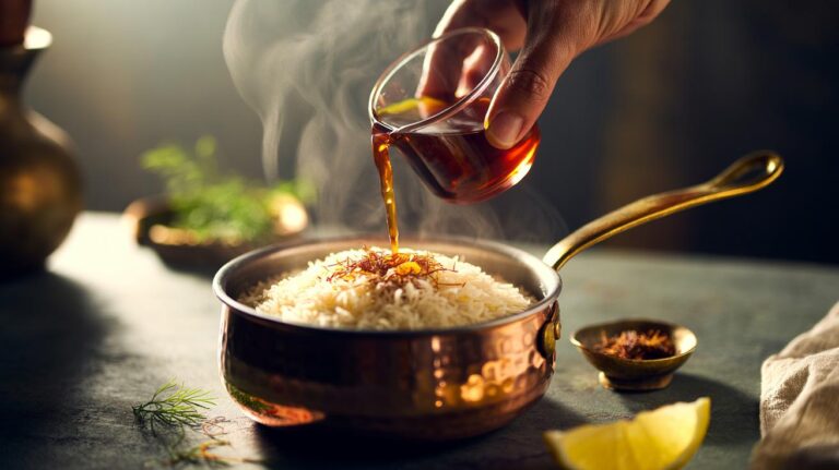 Illustration of saffron tea being poured over steaming basmati rice, infusing the grains with a golden hue and aromatic warmth