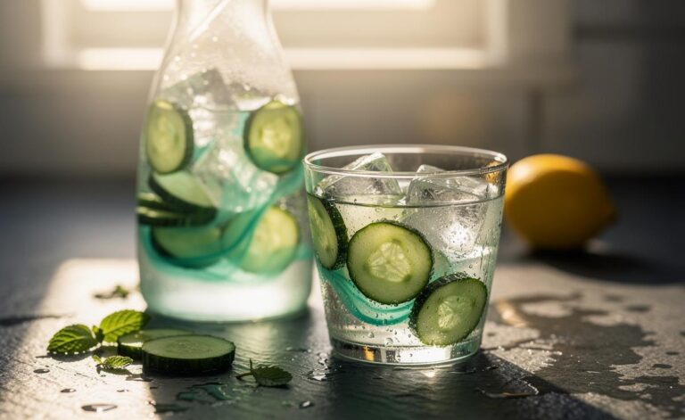 Illustration of cucumber slices infusing in a clear jug of water, releasing fresh flavour within minutes for hydration