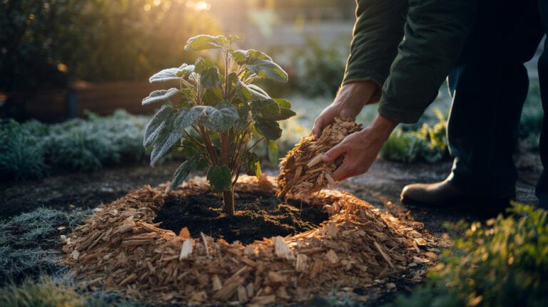 Illustration of a garden bed with organic mulch layered around plant stems to insulate roots, retain moisture, and moderate soil temperature