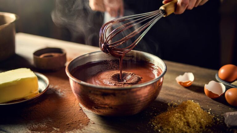 Illustration of cocoa powder being added to chocolate cake batter to intensify flavour and create a tender crumb