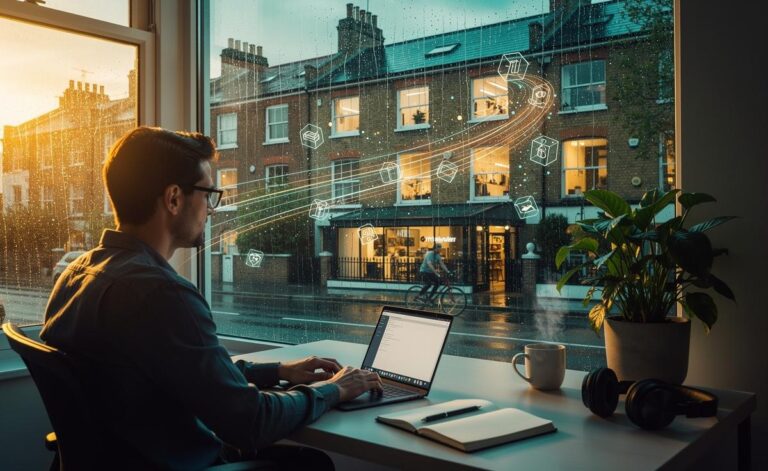 Illustration of remote and hybrid work trends for 2026, showing AI-powered collaboration, outcome-focused workflows, and local 15-minute office hubs