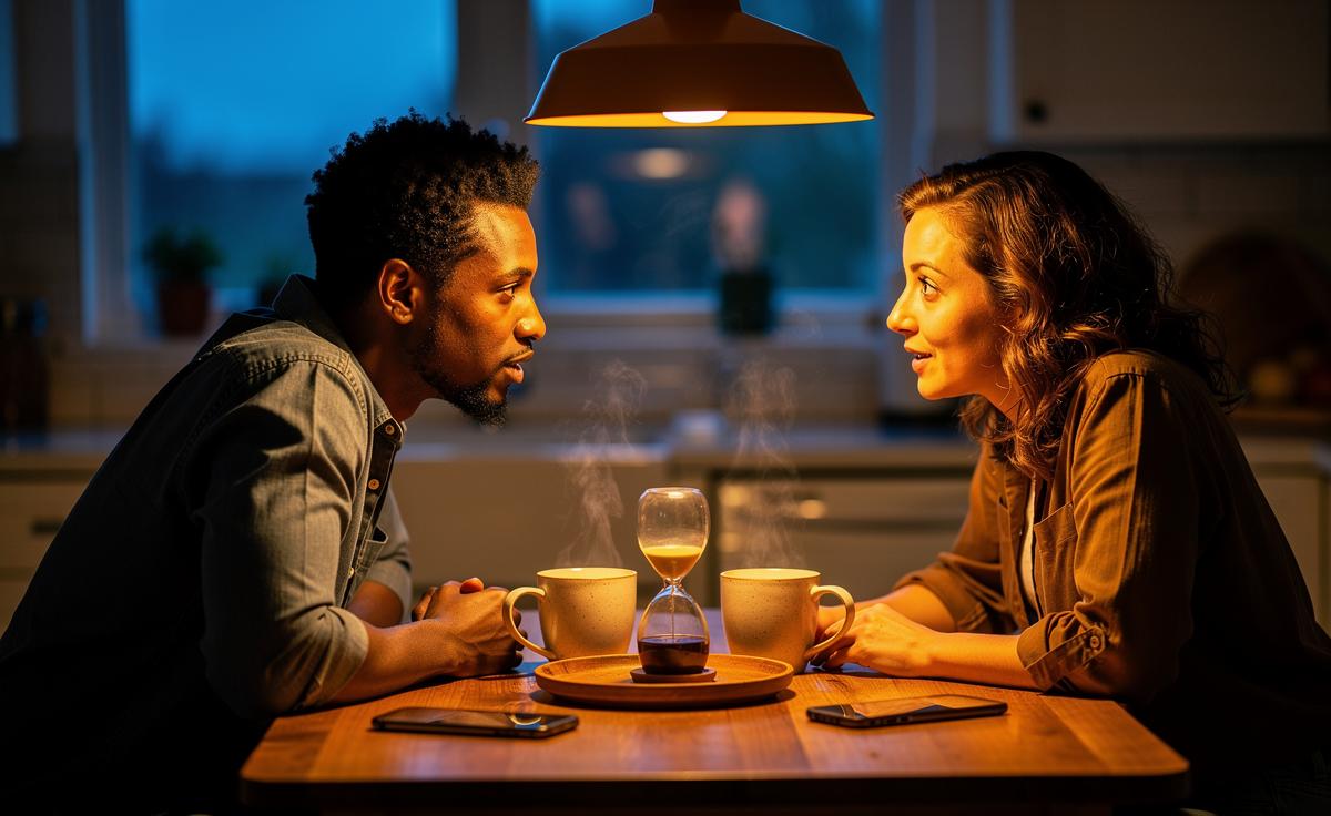 Illustration of a couple practicing a 10-minute daily check-in to strengthen their relationship