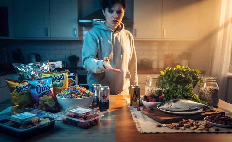 Illustration of the health risks of modern diets, contrasting ultra-processed foods with nutrient-dense whole foods, as identified by UK nutrition experts