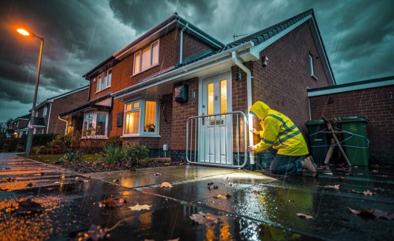 Illustration of a UK home prepared for severe winter storms, with checked roof and gutters, installed flood barriers, and dark, wind-driven rain overhead