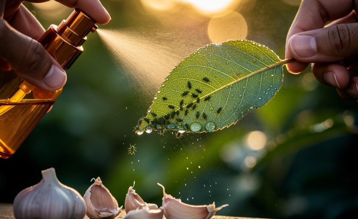 Illustration of a garlic-based spray being applied at dusk to repel aphids from plant leaves