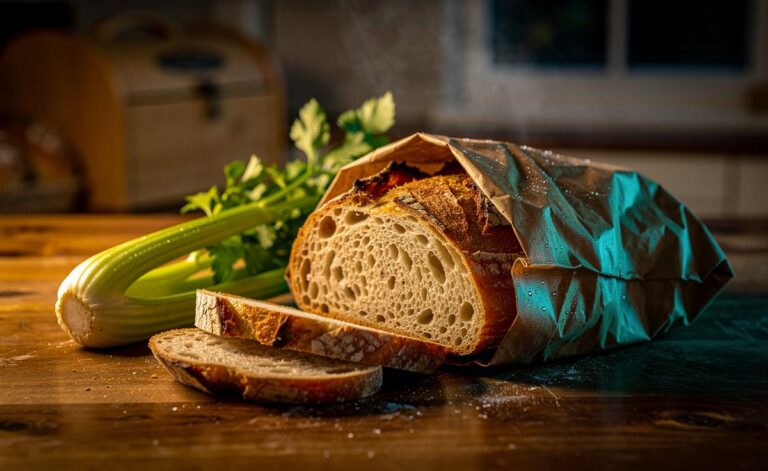 Illustration of a loaf of bread stored with a celery stalk to keep it soft overnight.