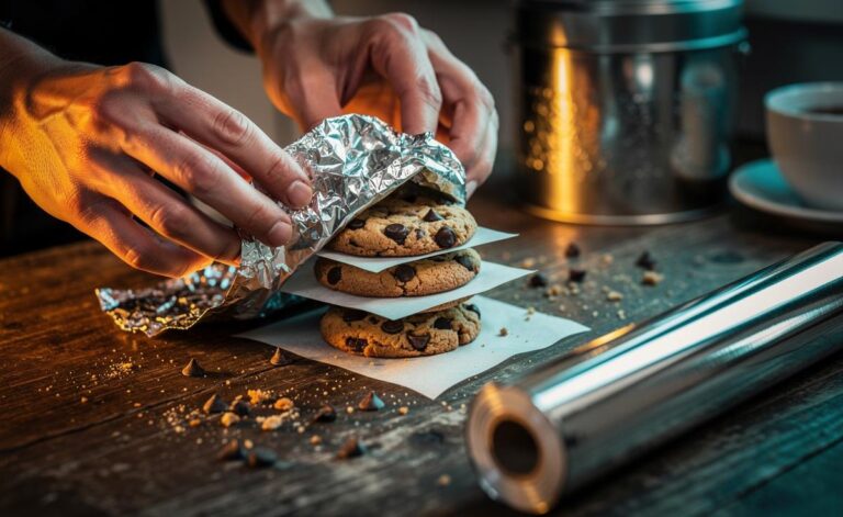 Illustration of cookies being wrapped in aluminium foil to lock in flavour and freshness in 30 seconds