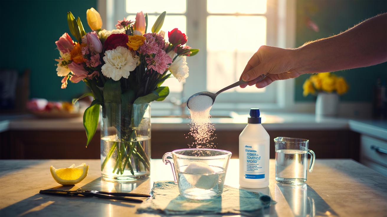 Illustration of a hand pouring sugar into a vase of cut flowers, with a lemon wedge and a small bleach bottle beside the arrangement