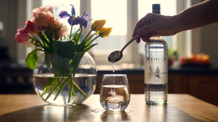 Illustration of a teaspoon of clear vodka being added to a vase of cut flowers