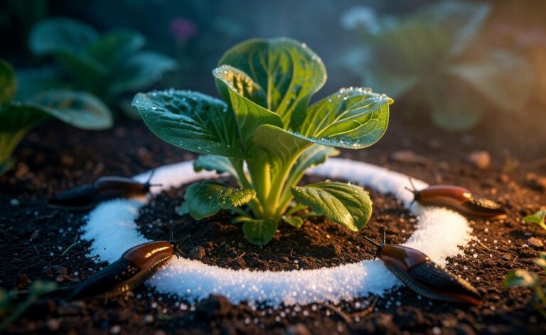 Illustration of a ring of baking soda forming a barrier around a garden plant to deter slugs overnight