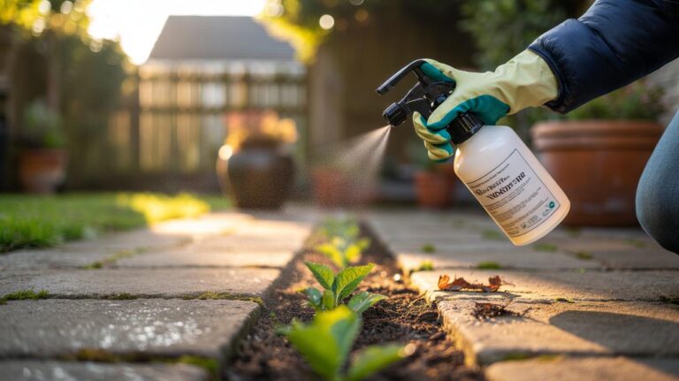 Illustration of a gardener applying vinegar from a hand sprayer to young weeds in patio cracks, using protective gloves and goggles to spot-treat foliage as a natural contact herbicide