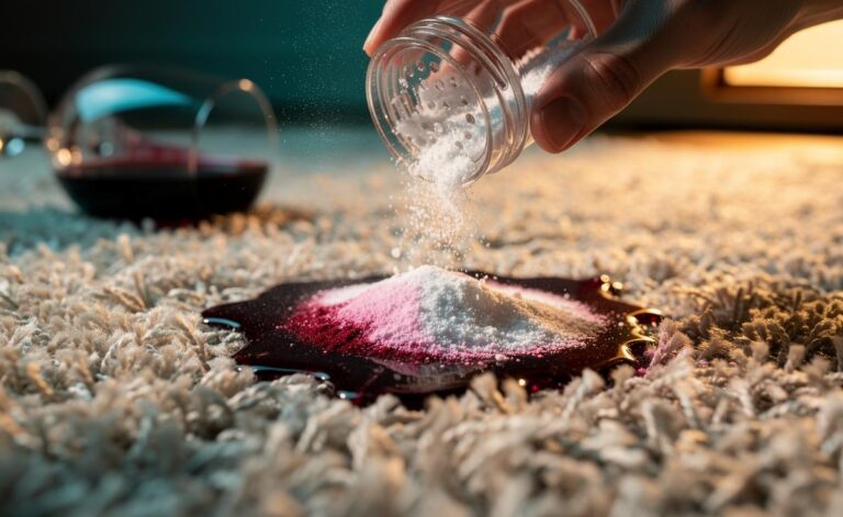 Illustration of baking soda being sprinkled onto a carpet stain to lift marks through deep absorption