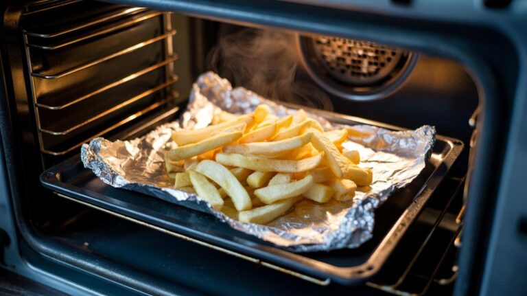 Illustration of oven-baked chips arranged on crumpled aluminium foil on a hot baking tray, highlighting crisp golden edges and steam-venting gaps